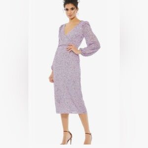NWT MAC DUGGAL SZ 10 Lavender Puff Sleeve V Neck MIDI #107641